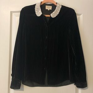 Sezane velvet button down with knitted collar